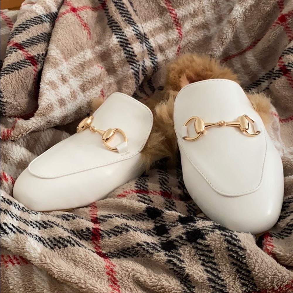 NWT White Fur Open Back Loafer Mule Slides - Picture 5 of 6